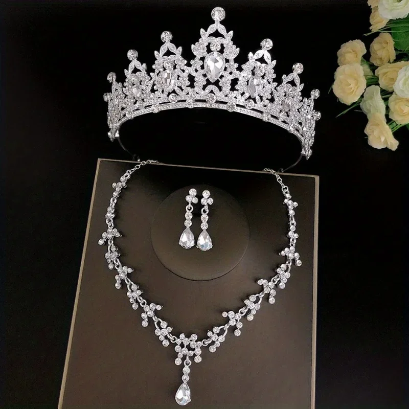 3pcs/set Crystal Bridal Tiaras And Crowns Earrings Necklace Jewelry Set For Women Bride RhinestoneWedding Hair Accessories Crown