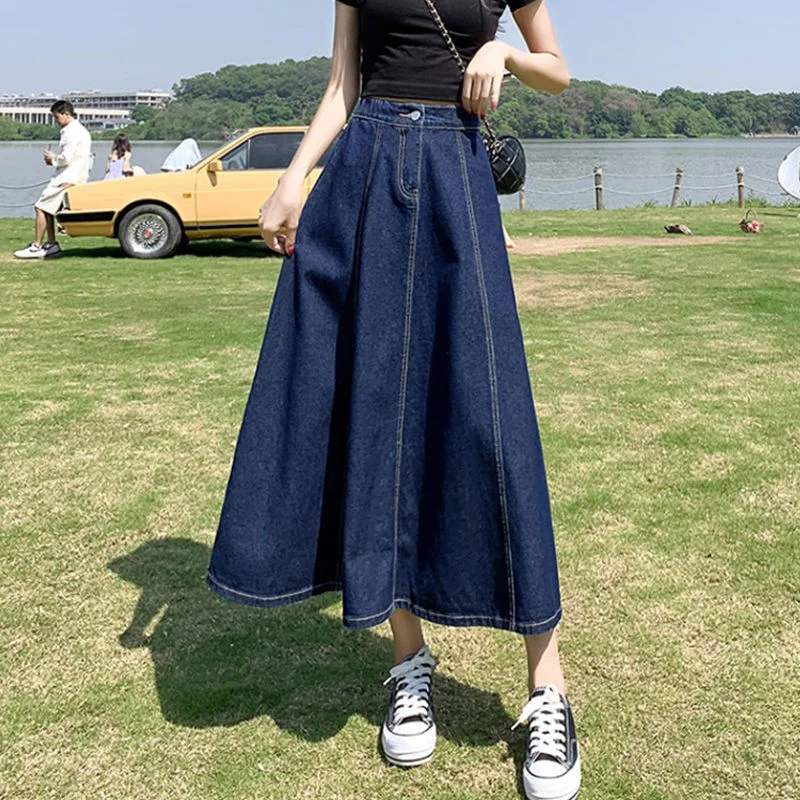 Women Spring and Autumn New High Waist Zipper Denim Skirt Fashion Elegant Button Large Casual Versatile Mid Length A-line Skirt