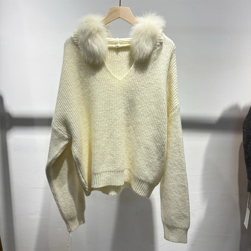 2025 Hot Sale Girl Winter Pink Real Fox Fur Thick Knitted Hoodie Sweater Loose Female Grey Sweater Hooded Jacket Coat