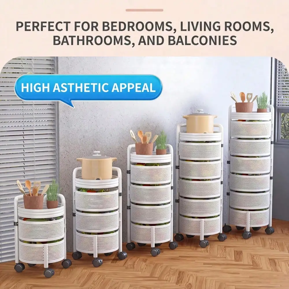 Studyset 4-Tier/5-Ti Thickened Carbon Steel Rotating Kitchen Storage Cart With Wheels, Mobile Utility Rack With Top Lid, Fruit Vegetable Basket, Rotating Produce Organizer For Bathroom Living Room, No Assembly