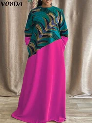 Plus Size 5XL VONDA Vintage Printed Women Maxi Dress Bohemian Patchwork Party Sundress Casual Loose Long Sleeve Robe Vestidos