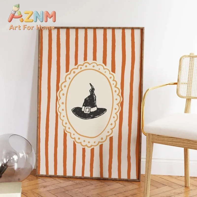 Retro Striped Witch Hat Wall Art Print Orange Halloween Witch Artwork Spooky Season Home Interior Decor Unframed Canvas Painting