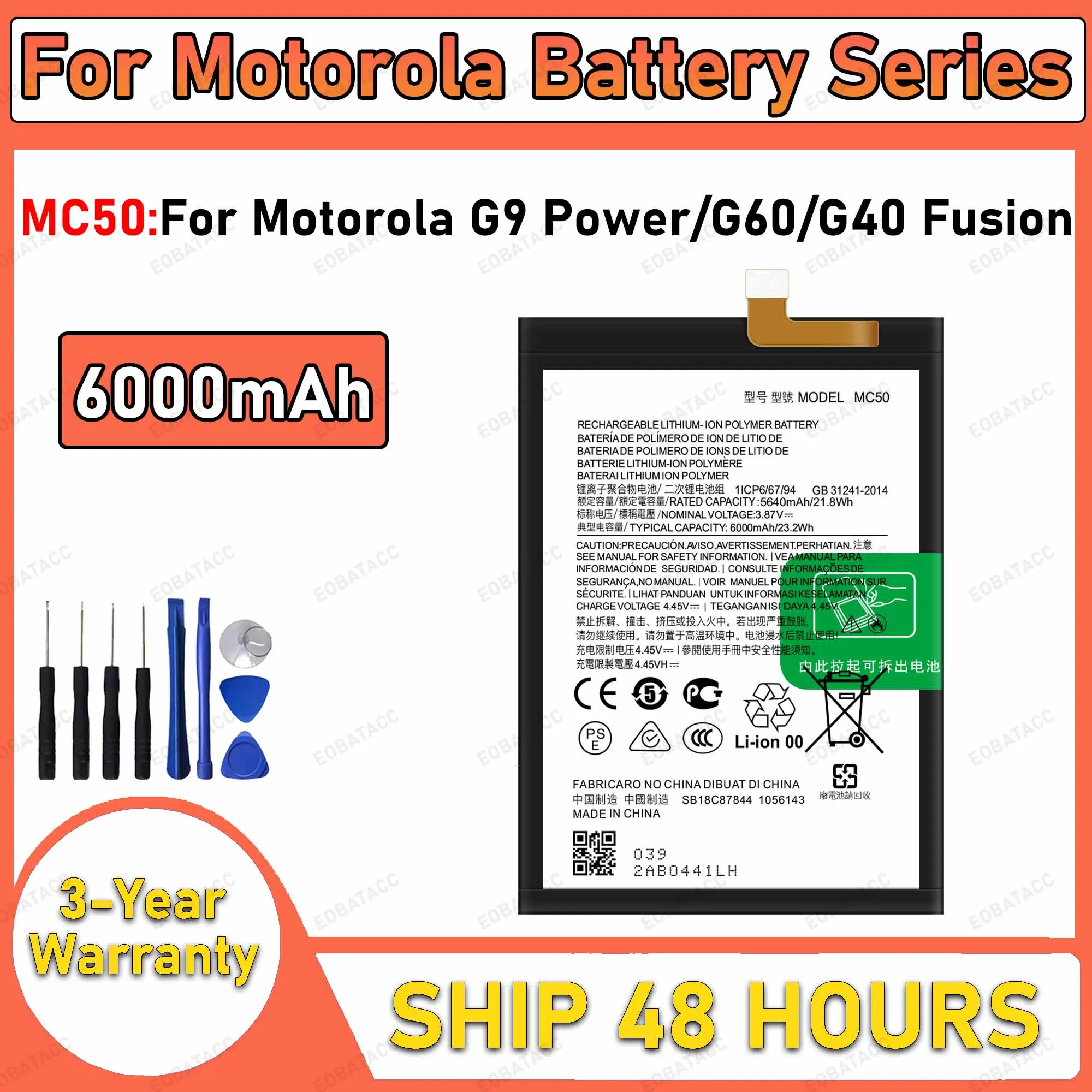 100% New 6000mAh MC50 Battery For Motorola Moto G9 Power/G60/G40 Fusion batteries+Free Tools