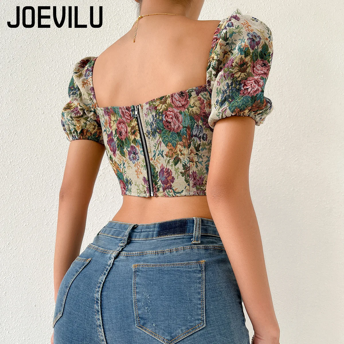 Vintage Print Bubble Short Sleeve Blouse Victorian Inspired Corset Vest Sexy Backless Boned Crop Top Women's Fashion Summer Tank - Detail 1