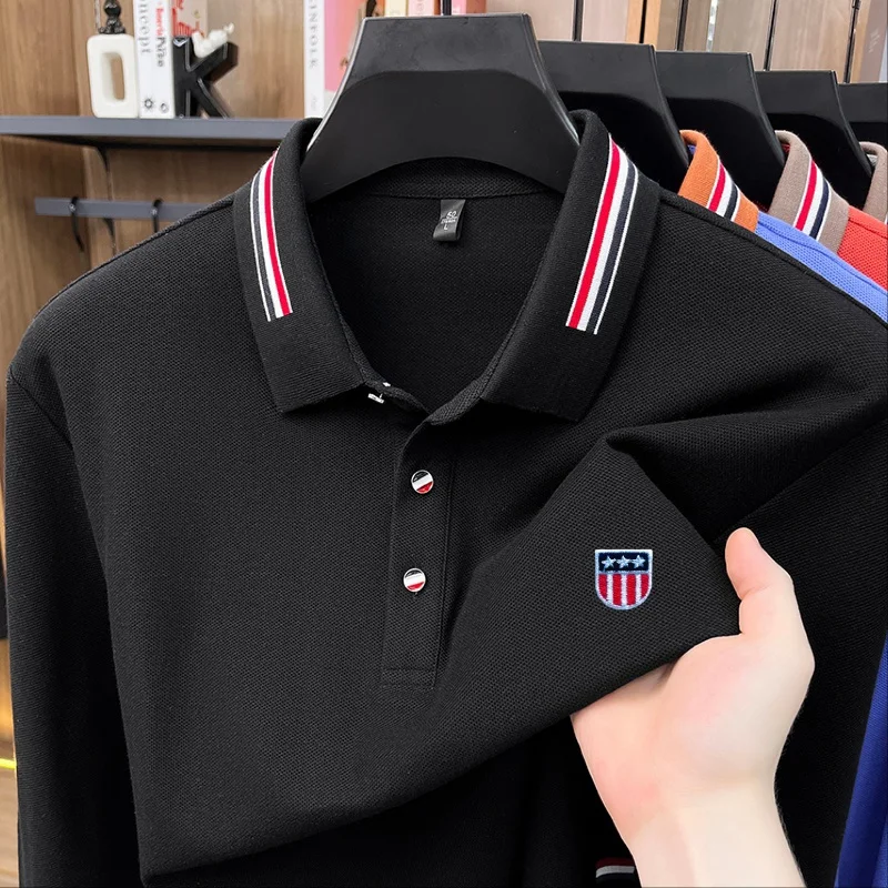 Hochwertiges Herren-Polohemd aus 100% Baumwolle mit Langen Ärmeln, Revers und Knöpfen, Exquisites Muster-Stickerei, Herbst-Neuheit, Vielseitige Freizeitkleidung für Männer – Detail 11