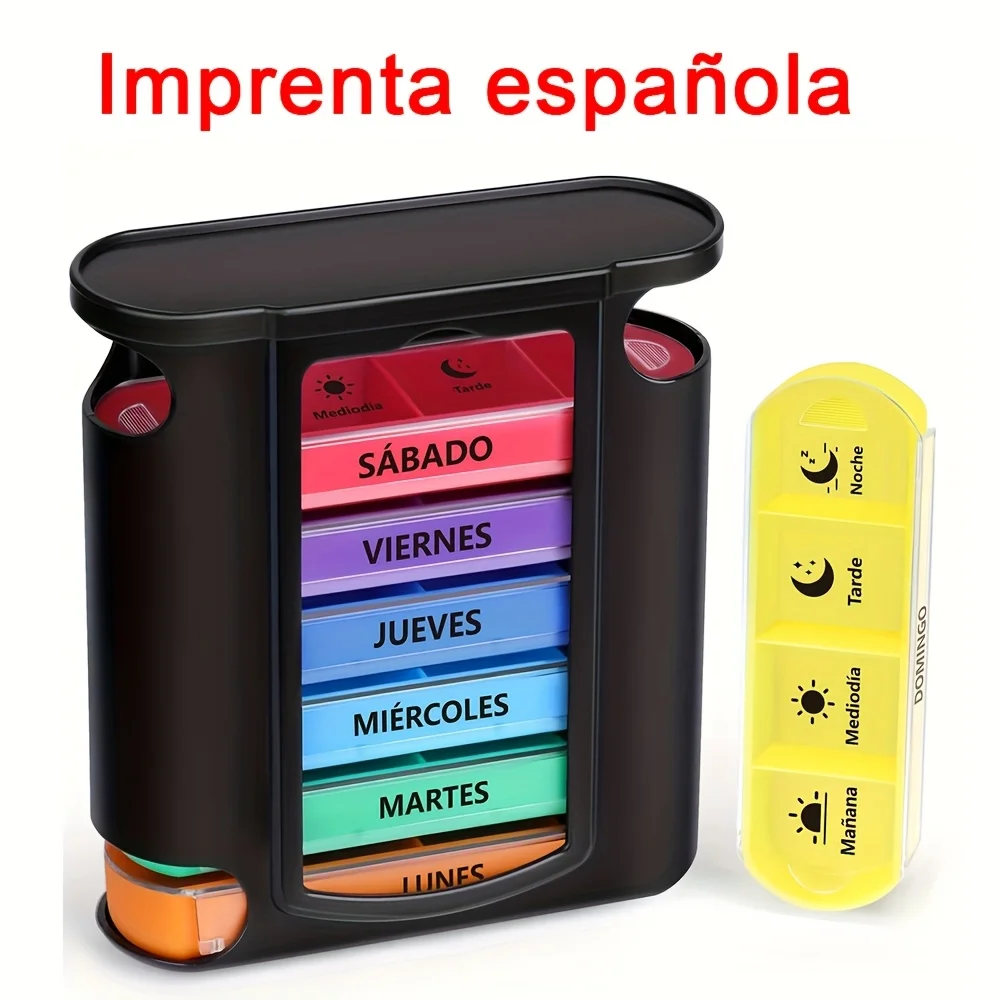 [Impresión en español] Pastillero semanal de 4 dosis, pastillero diario grande de 7 días, pastillero con 28 compartimentos
