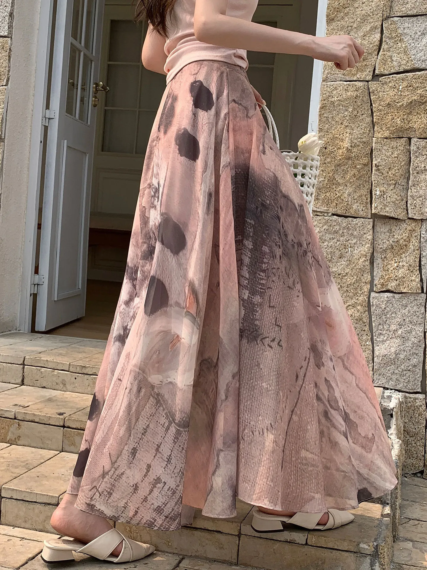 

New Chinese Style Asymmetric Ink Diffusion Print Maxi Skirt Women Summer Vintage High Waist Polyester Fiber A-Line Skirt