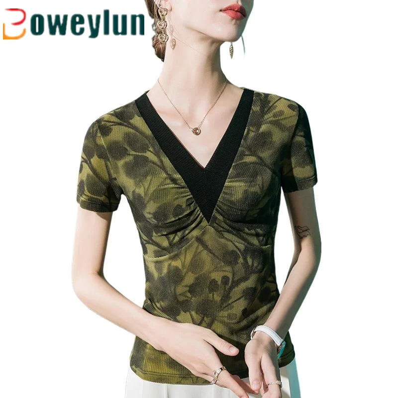 

Boweylun New Ttie-dye Printing V-neck Short-sleeved T-shirt Women Pleated Splicing Slim Fashion Ttops Summer Female