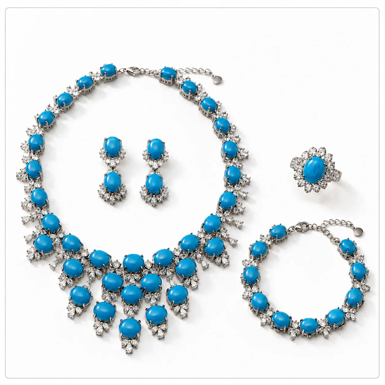 Vintage Howlite Turquoise Blue Jewelry Set for Women - Necklace Earrings Ring Bracelet Complete Ensemble for Evening Parties
