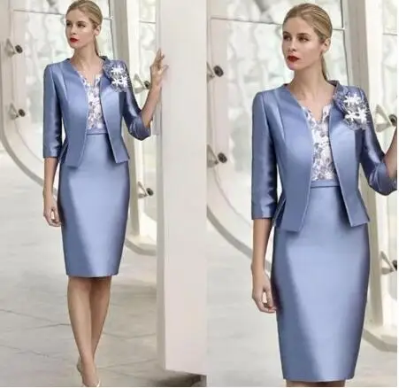 

2022 Latest Arrival Iron Blue Short Mother of the Bride Dresses with Jacket Knee Length Wedding Party Dresses Two Pieces