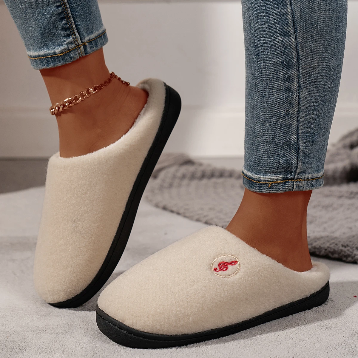 Musical Note Pattern House Slippers Women Indoor Soft Sole Non Slip Bedroom Slides Woman Winter Cozy Warm Cotton Slippers 2024