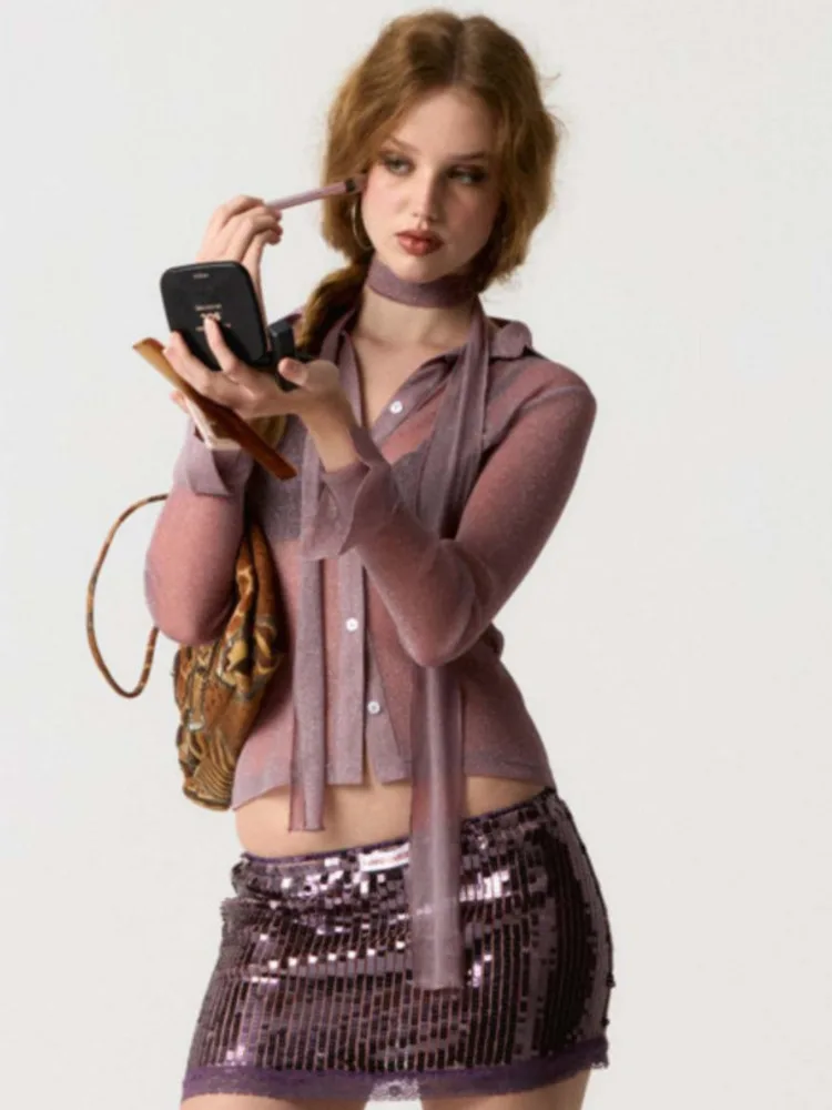 

Blifanbo Scarf Single Breasted Top Shirts Women Long Sleeve Casual Solid Elegant Fashion Patchwork Sexy Female Shirts Streetwear