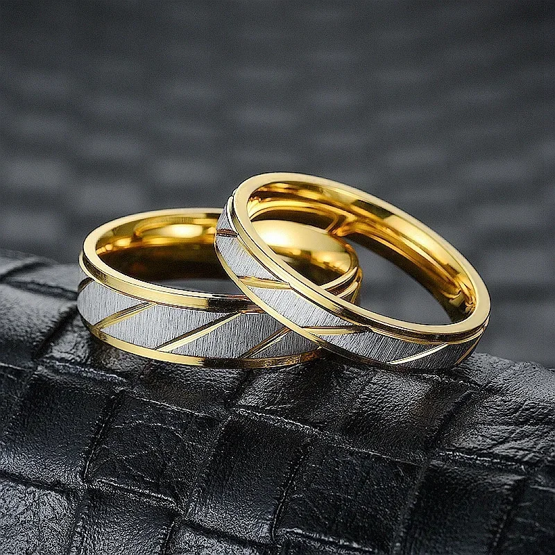 Titanium Stainless Steel Lovers Couple Rings Gold Wave Pattern Wedding Promise Ring For Women Men Engagement Jewelry