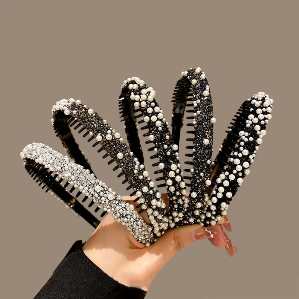 

Повязка для волос с жемчугом и стразами, тонкая, с кристаллами, нескользящая, в корейском стиле, для умывания, пластиковая