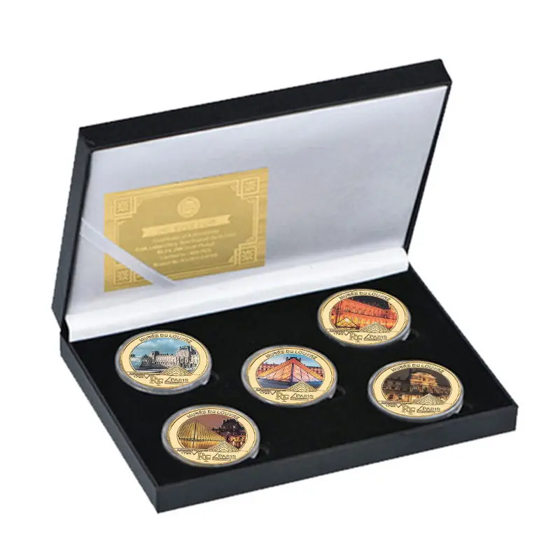 5pcs Louvre in France Golden Commemorative Coins Paris Famous Landmark Traveling Souvenir Coins Set Collectible Christmas Gifts