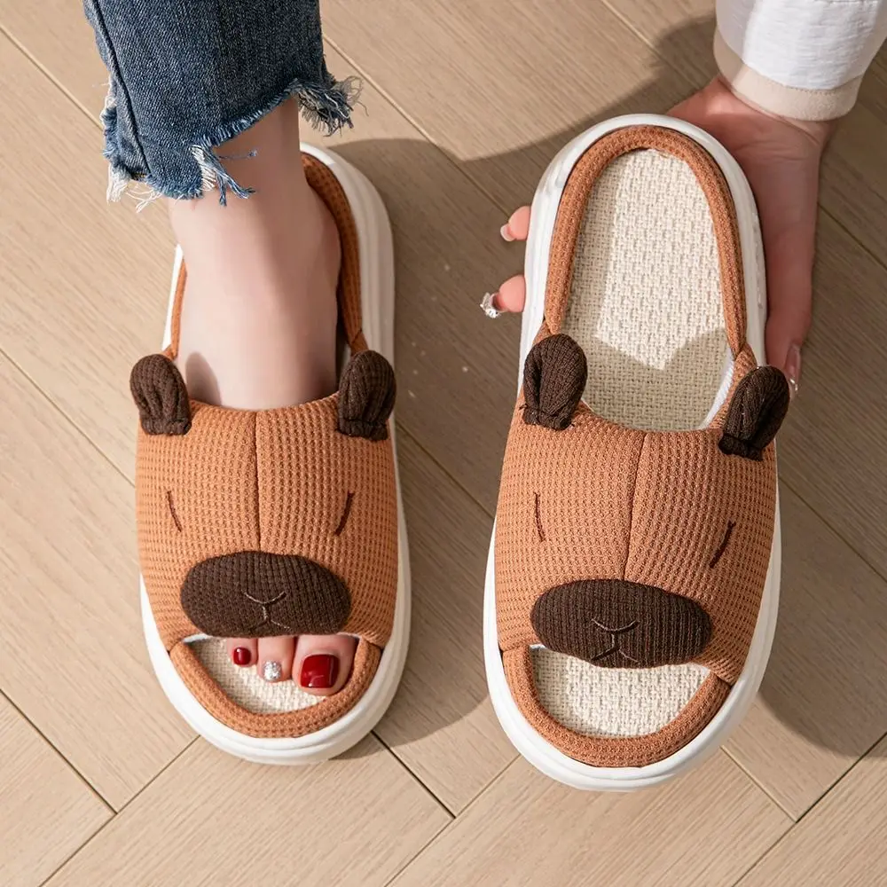 Sandal Anti-Selip Motif Kapibara Kartun, Sandal Kapibara Sol Tebal Bahan Linen, Sepatu Rumah, Sandal Linen Hewan Lucu