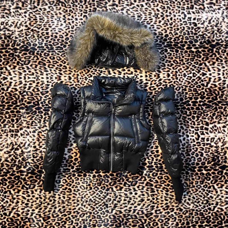 

Detachable Thiened Cotton Hoodie Zipper Warm Personalized Street Sle High Collar Long Sve Straight Cut Winter Coat