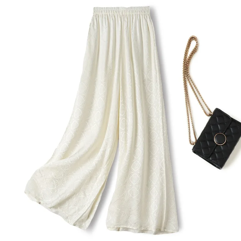 Exquisite Jacquard 100% Natural Mulberry Silk Elastic Waist White Solid Color Versatile Women's Casual Wide Leg Pants