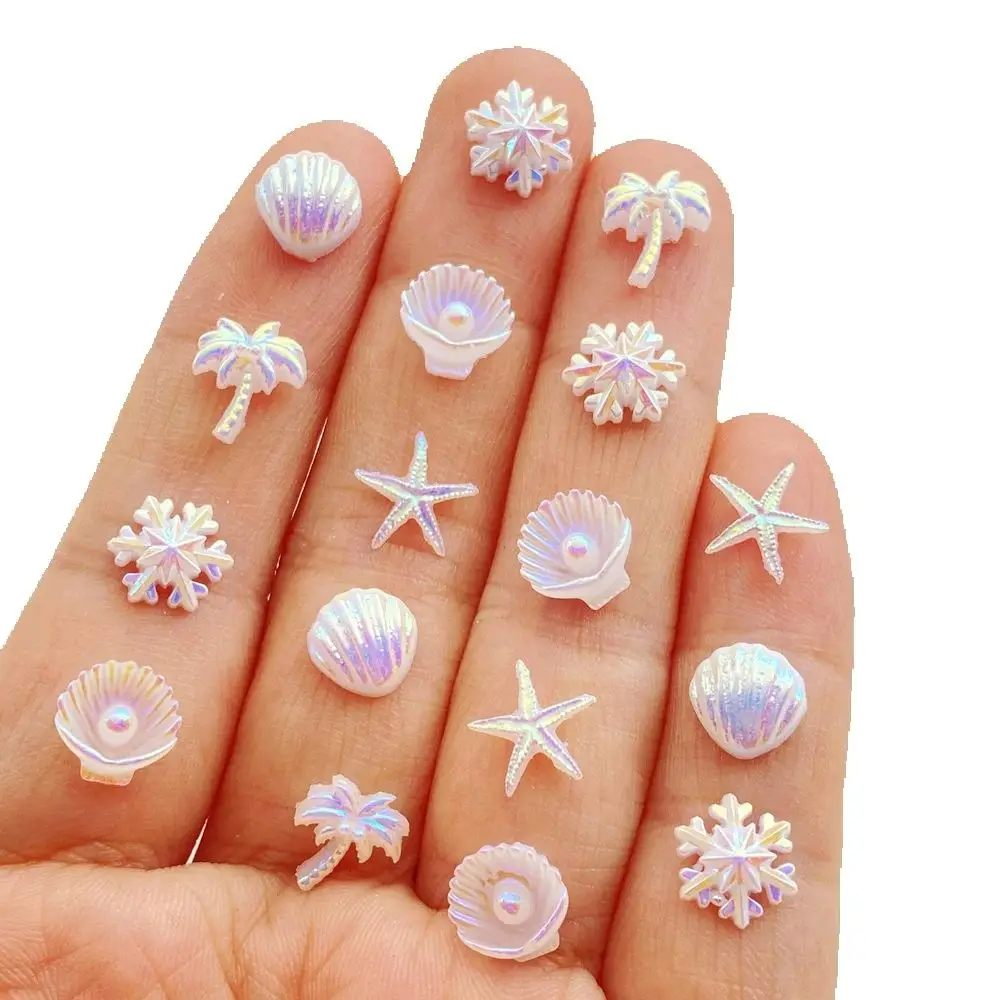 50Pcs Cute Mini AB colored starfish, shells, snowflakes, coconut trees Nail Art Resin Designer Charms DIY 3D Decorations Jewelry