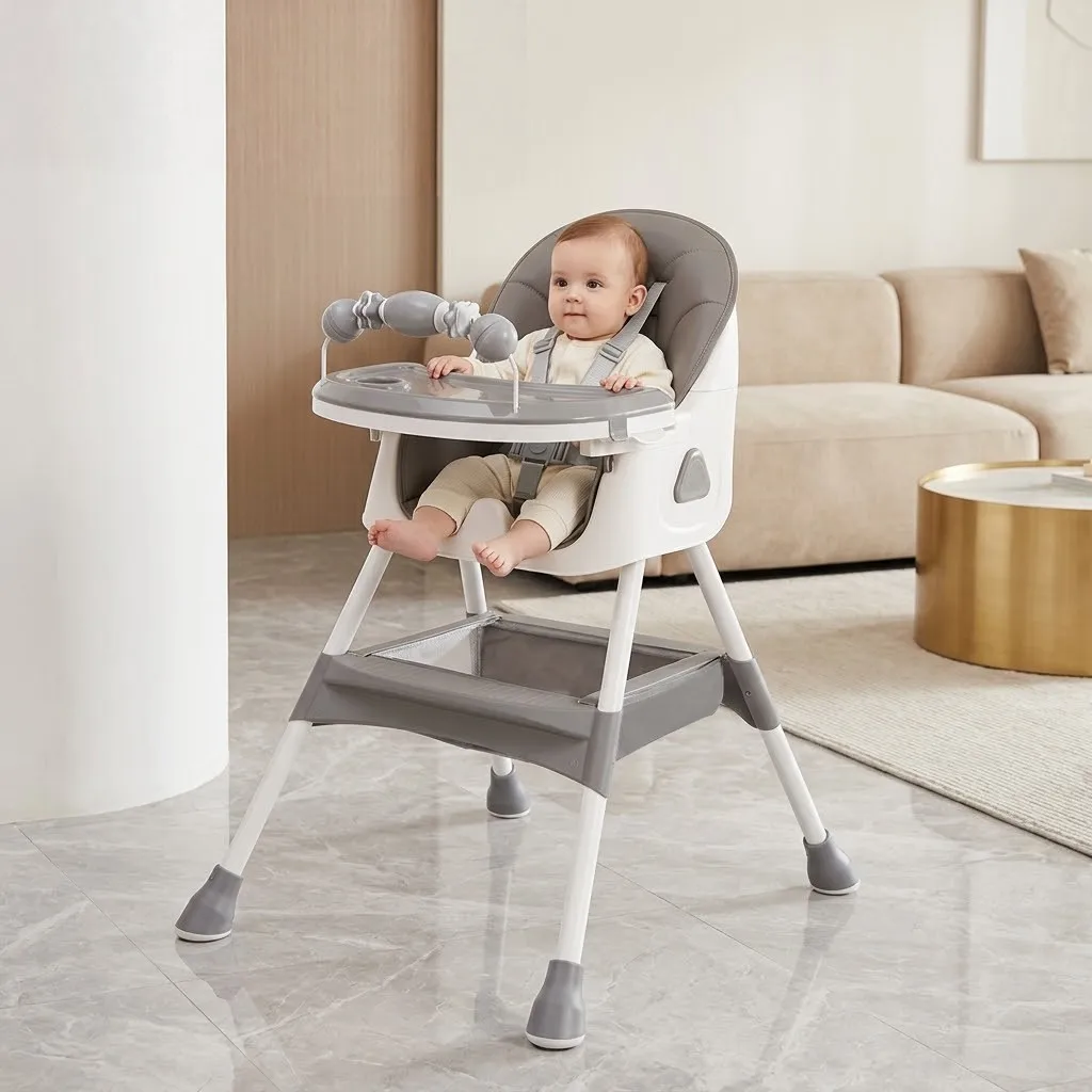 3-in-1-Babyhochstuhl, faltbarer, tragbarer Essstuhl, Sitzerhöhung für Kleinkinder, verwandelbar zum Essen und Spielen, mit doppellagigem Tablett und Spielzeugregal, 5-Punkt-Gurt, für Babys von 6 Monaten bis 3 Jahren. – Detail 8