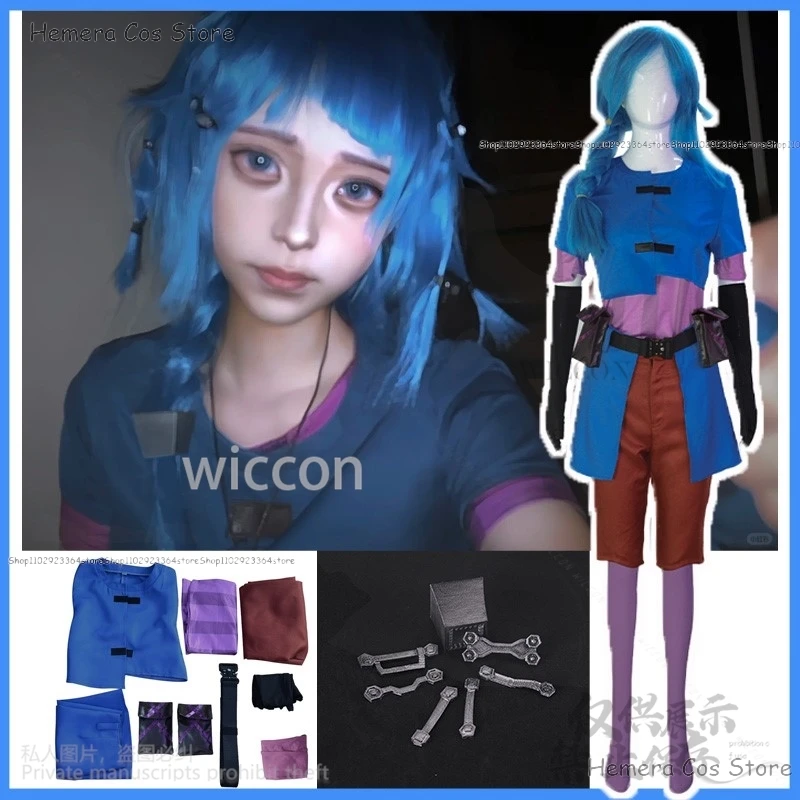 Anime Game LOL Arcane Powder Cosplay Jinx Junior Childhood Costume Uniform Coat Pants Blue Wigs Headwear For Girls Customized