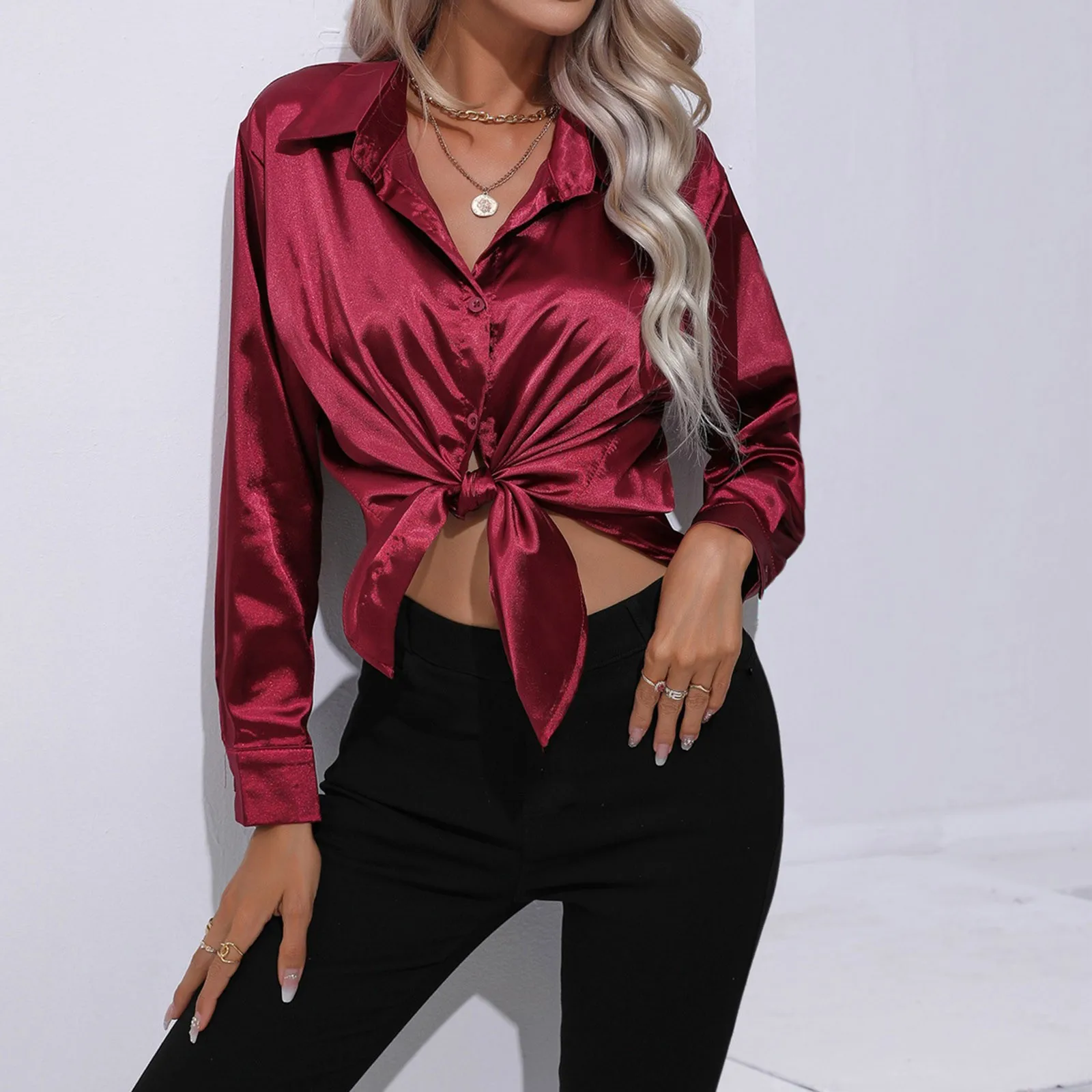 Spring Summer New Women\'s Shirt Elegant Satin Long Sleeve Faux Silk Shirt Blouse Solid Colour Elegant Casual Button Shirt Blouse