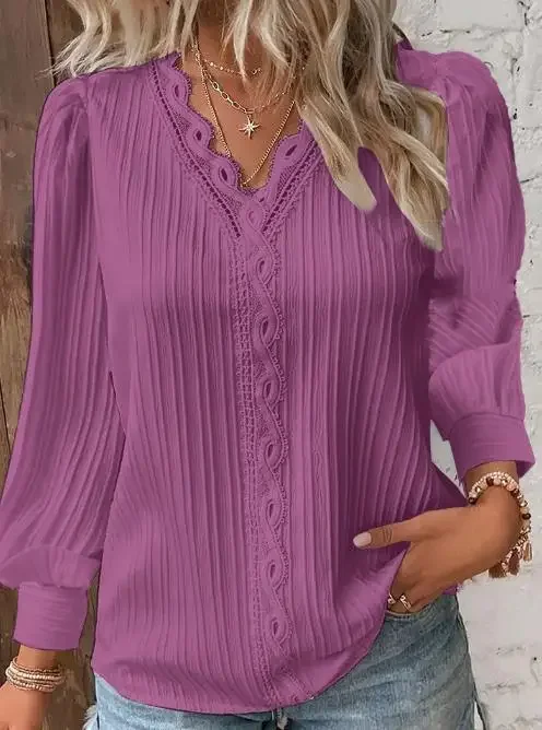 Blusa de manga larga con cuello en V para mujer, camisa con Panel de encaje, informal, básica, para otoño, 2024