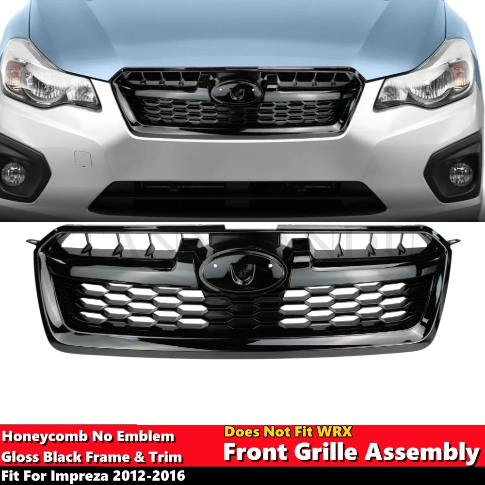 Honeycomb Full Gloss Black Frame & Trim Assembly Fit For SUBARU Impreza 2012-2016 Front Bumper Grill Upper Grille Grid No Emblem