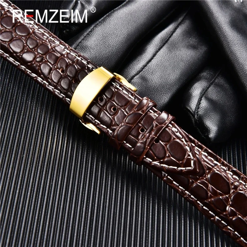 REMZEIM 18mm 20mm 22mm 24mm Calfskin Genuine Leather Watch Band with Solid Automatic Butterfly Buckle Business Watchband