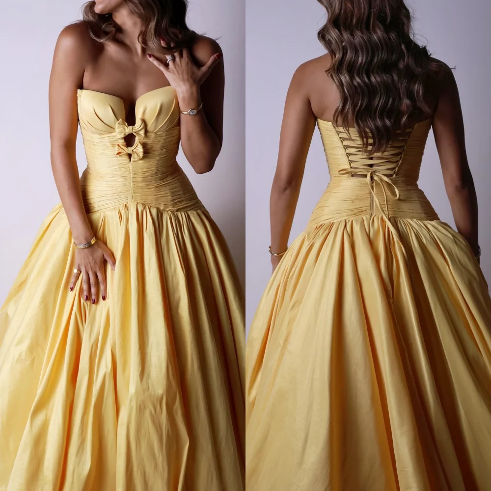 

Customized Pleat Bow Lace-up High Quality Evening Dress Bespoke Occasion A-line Long Dresses Elegant Party Prom