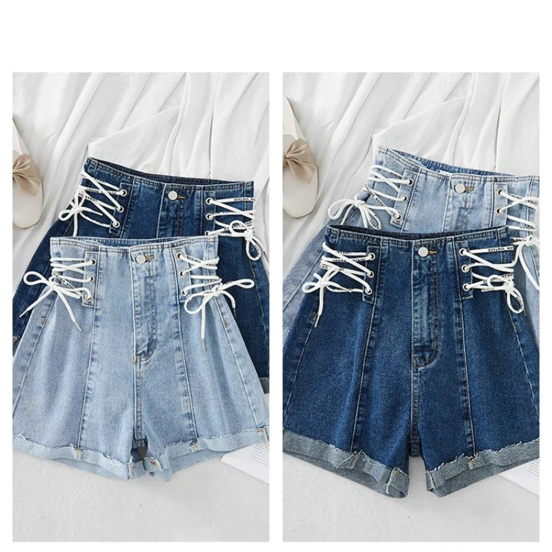 Denim Shorts Summer Bud Thin 2024 New High Waist Loose Thin Design Tie Rope Wide Leg Hot Pants Women