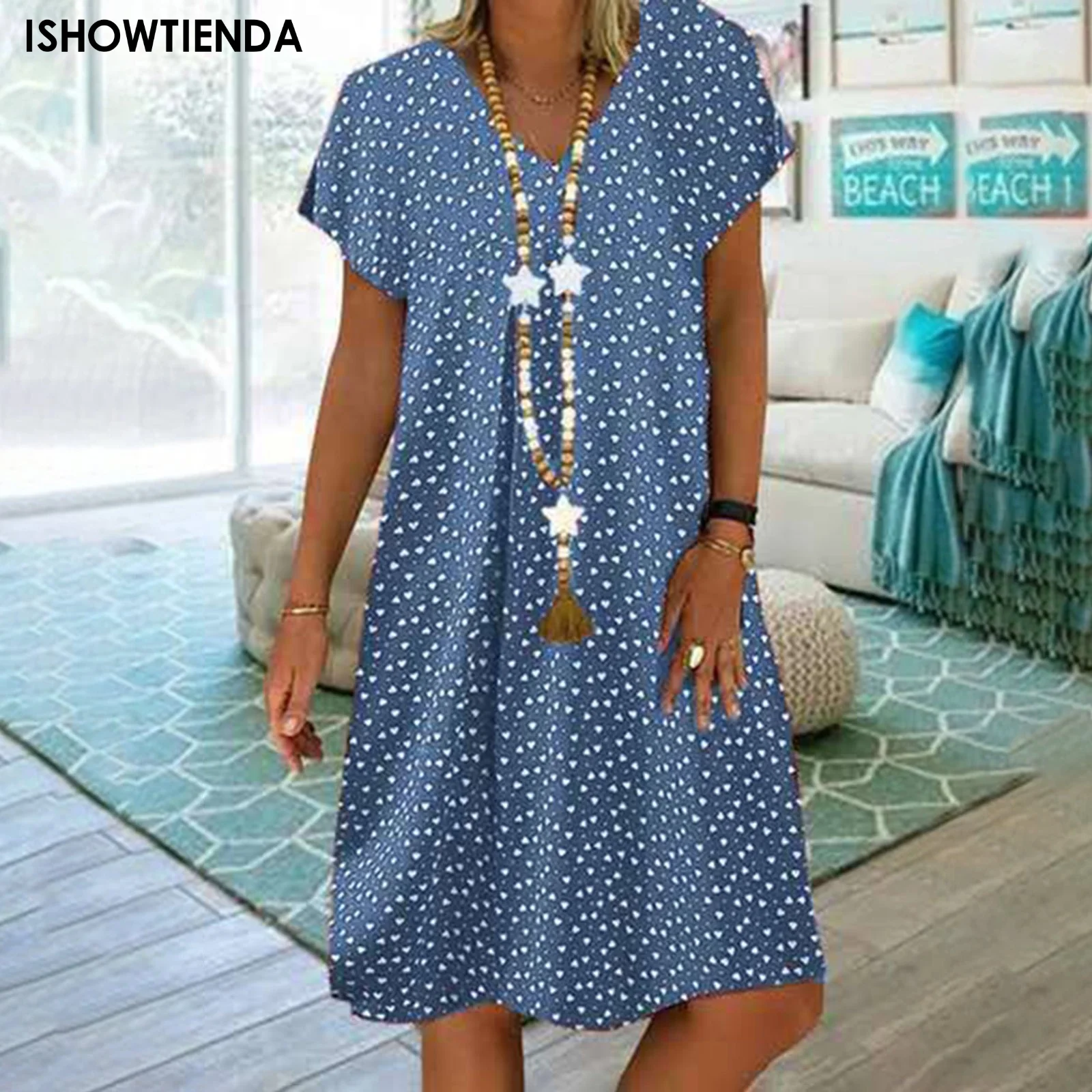 Women Polka Dot Print Dress Summer Short Sleeve Tunic Vintage Bohemian Dresses Female A-line Loose Casual Beach Dress Vestidos