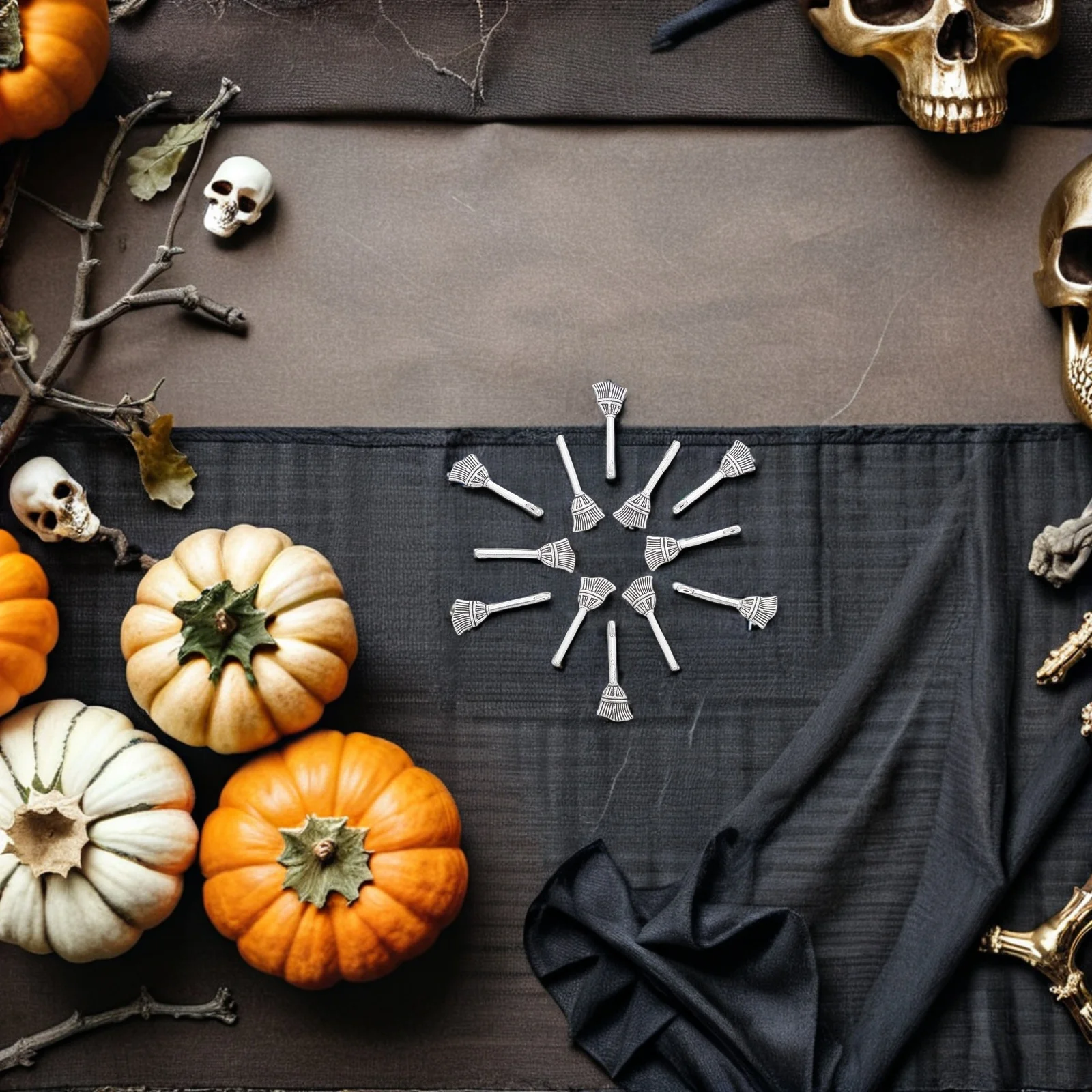 

200Pcs Halloween Broom Pendants Alloy Charms DIY Necklace Bracelet Earring Craft Supplies Antiqued Miniature Decor