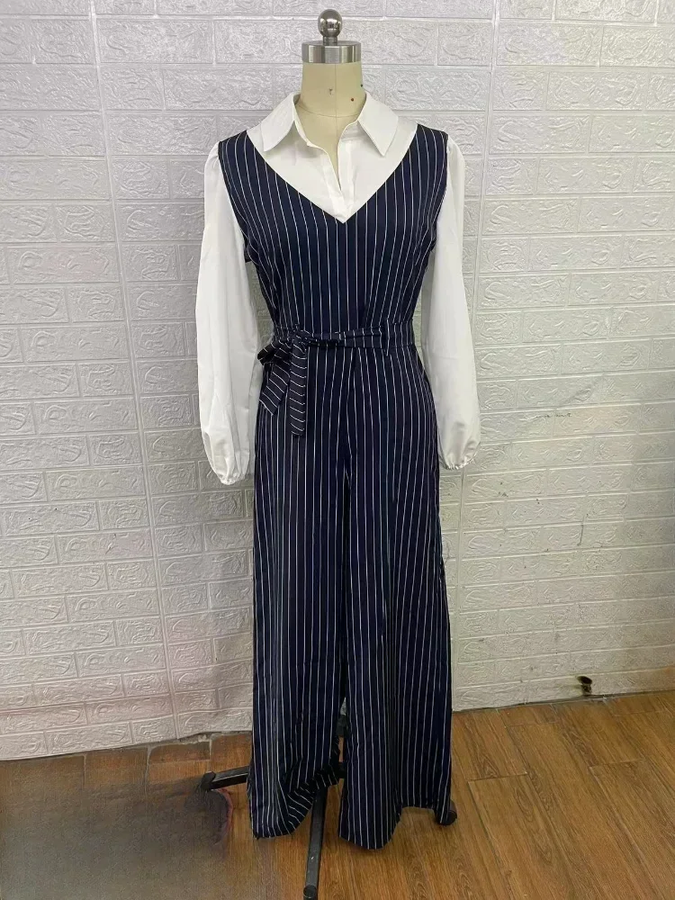 Temperament Commuter Women\'s Splicing Fake Two Piece Jumpsuit Shirt Neck Stripe Color Collision High Waist Straight Female Pants