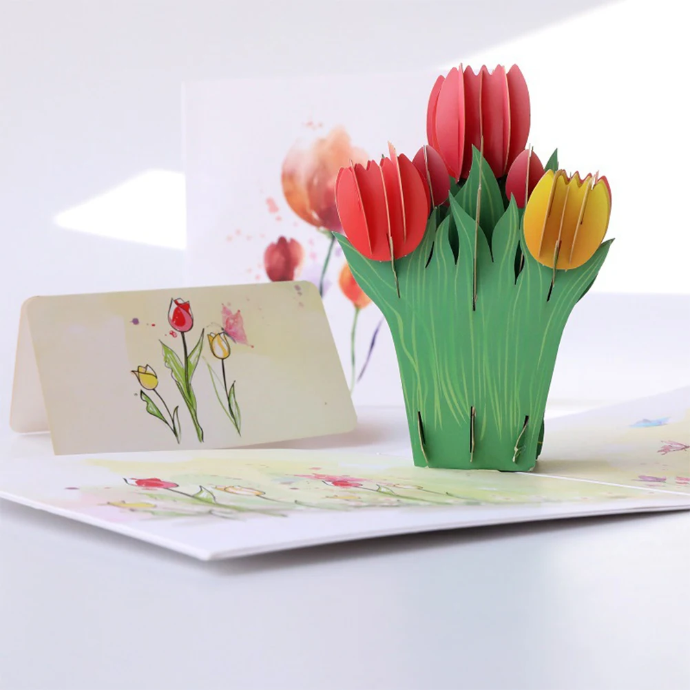 

3D Tulip Greeting Card Vivid Flower Friendly Printing Blank Fill Teachers Day up Cards Carving Blessing