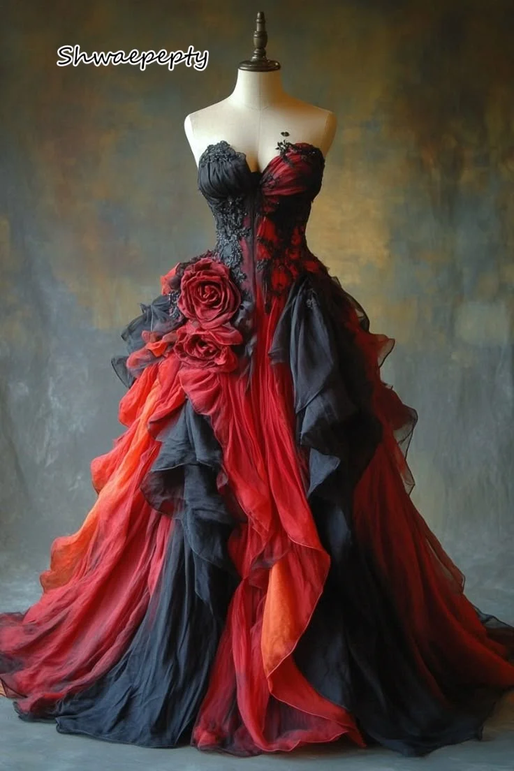 Gotisches Vampir-Abschlussballkleid, rot und schwarz, gerüscht, A-Linie, herzförmiges Abendkleid, maßgeschneiderte Vintage-Hochzeitskleider