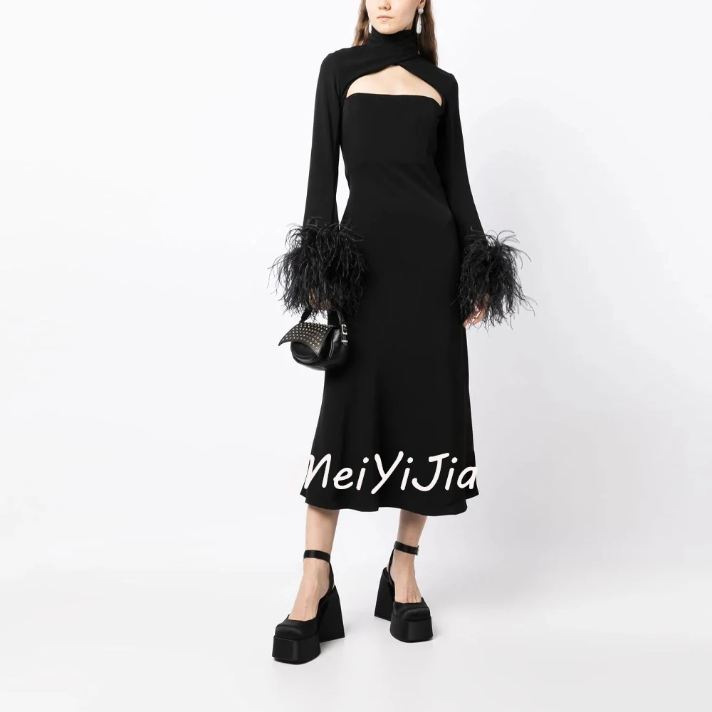 Meiyijia  Evening Dress Zipper up Crepe Simple High-Neck Feather Saudi  Arabia  Sexy Evening Birthday Club Outfits Summer 2024