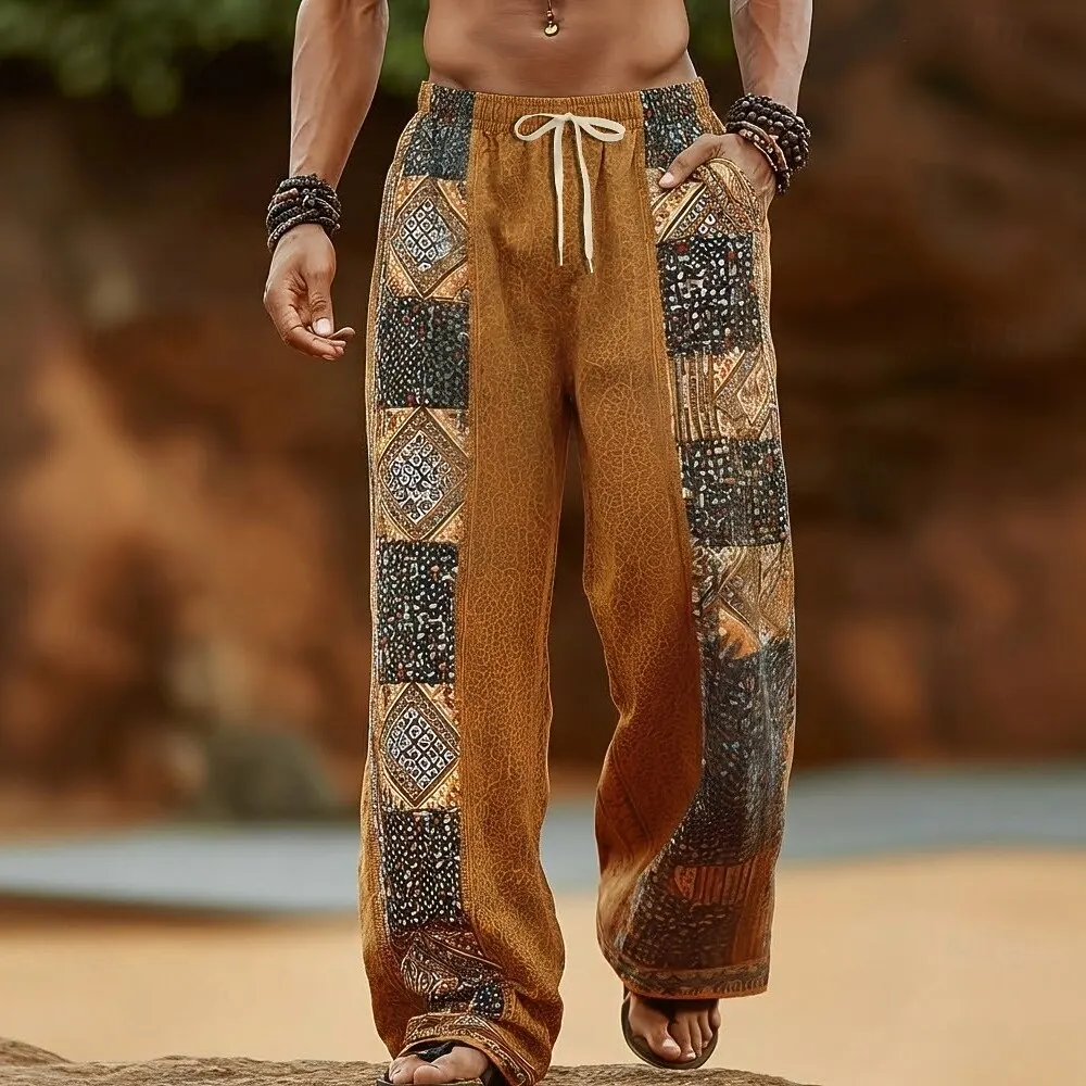 

Men's 3D Geometric Color Block Ethnic Casual Pants, Baggy Mid Waist Boho Vintage, Elastic Drawstring Waist, 2026 Spring Summer