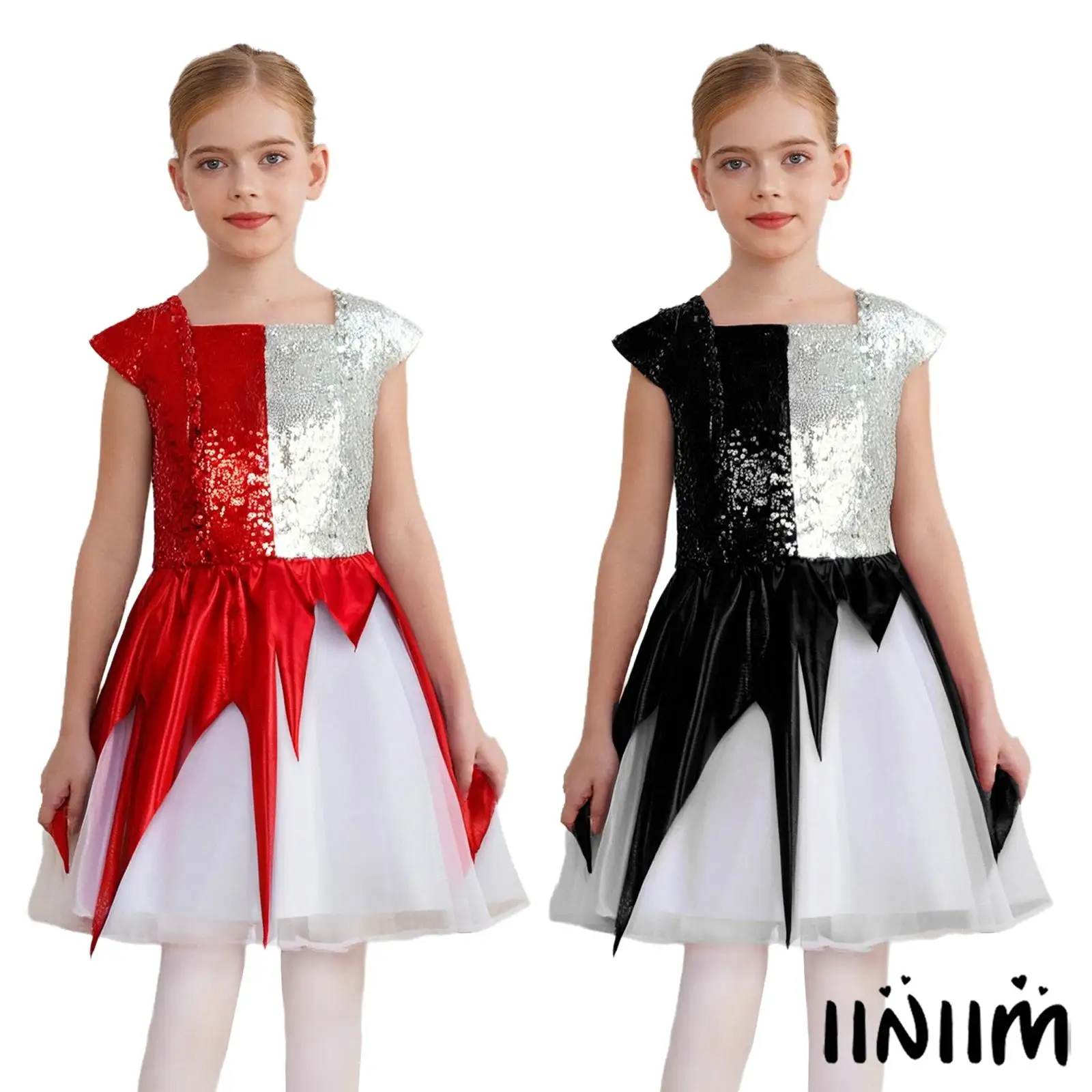 

Children Girls Angel Devil Role Play Outfit Sequin Square Collar Metallic Gloss Layered Dress for Halloween Roleplay Theme Party
