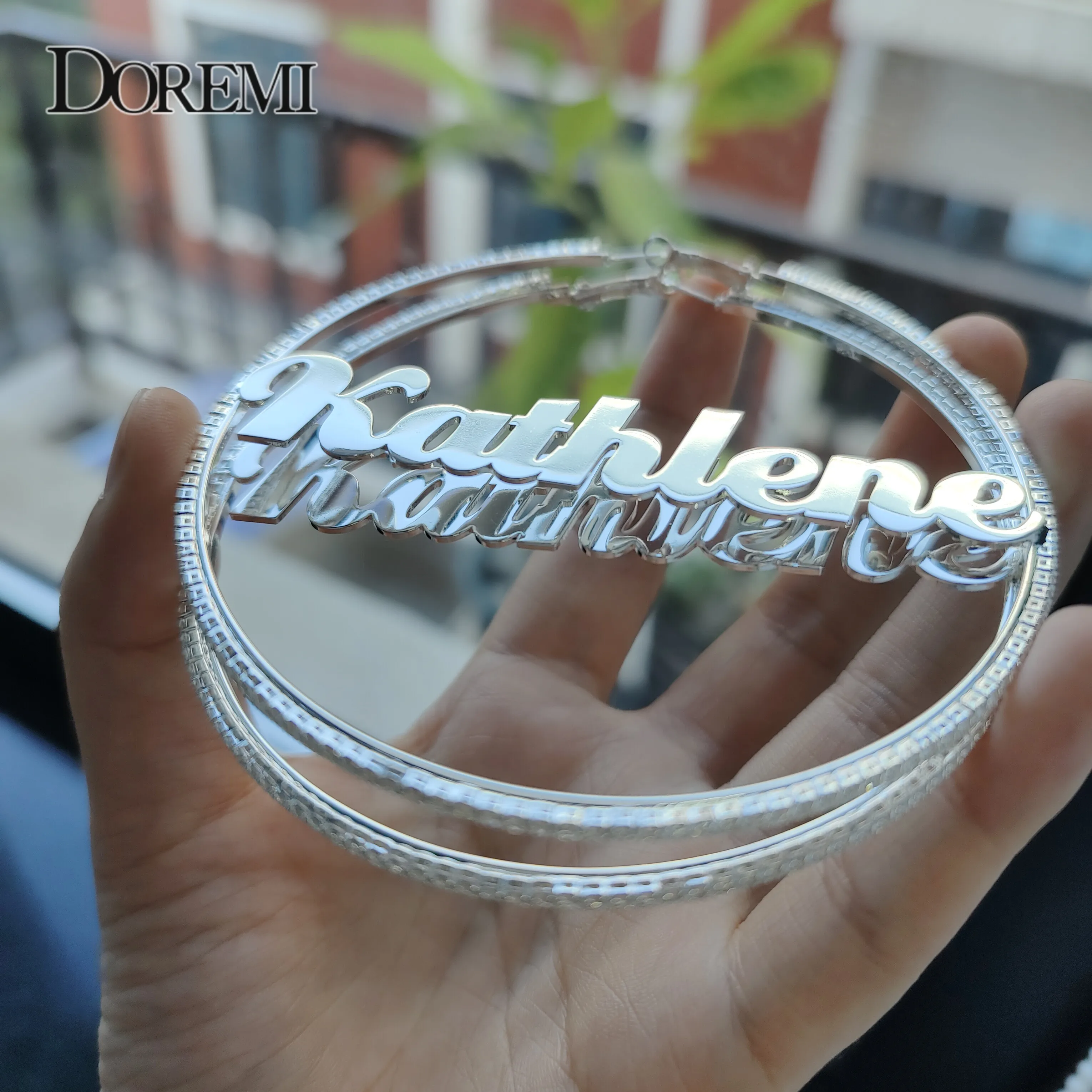 DOREMI 2mm White Zircon Name Earrings Thin hoop Custom-named Stainless Personalized Earring Hip-hop Style Custom hoop 5-9cm