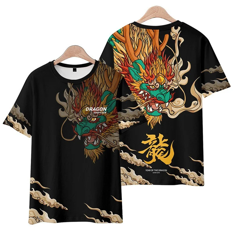 Fashion 2024 Dragon Graphic T-shirt Men Women 3d Printed Chinese New Year Spring Festival Red Tees Round Neck Kids Short Sleeves