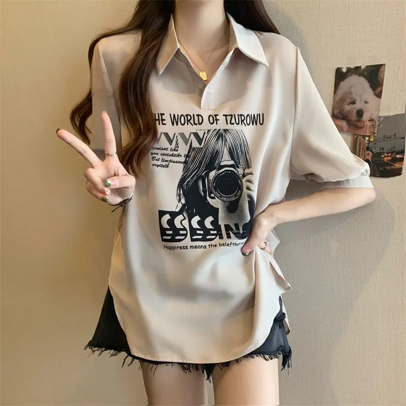 Fashion Lapel Printed Slit Asymmetrical T-Shirt Female Clothing 2024 Summer New Loose Casual Tops Korean Irregular Tee Shirt