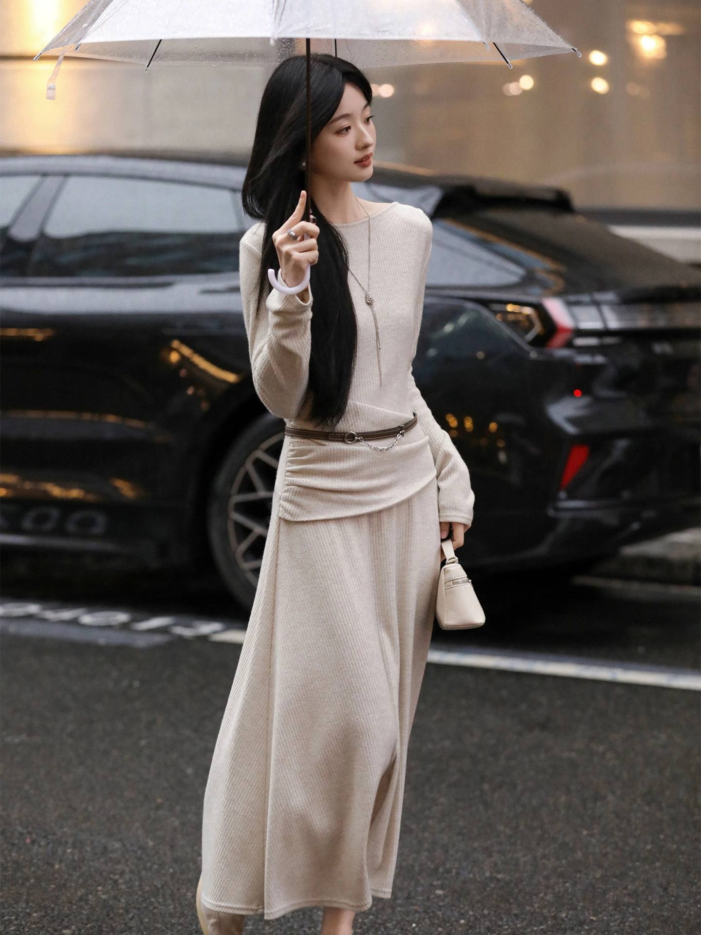 

Aboutpoem Thiened Elastic Knitted Dr One-oulder Pleated Slim Fit Midi Dr Polyester Viscose Spandex Blend Commute Sle