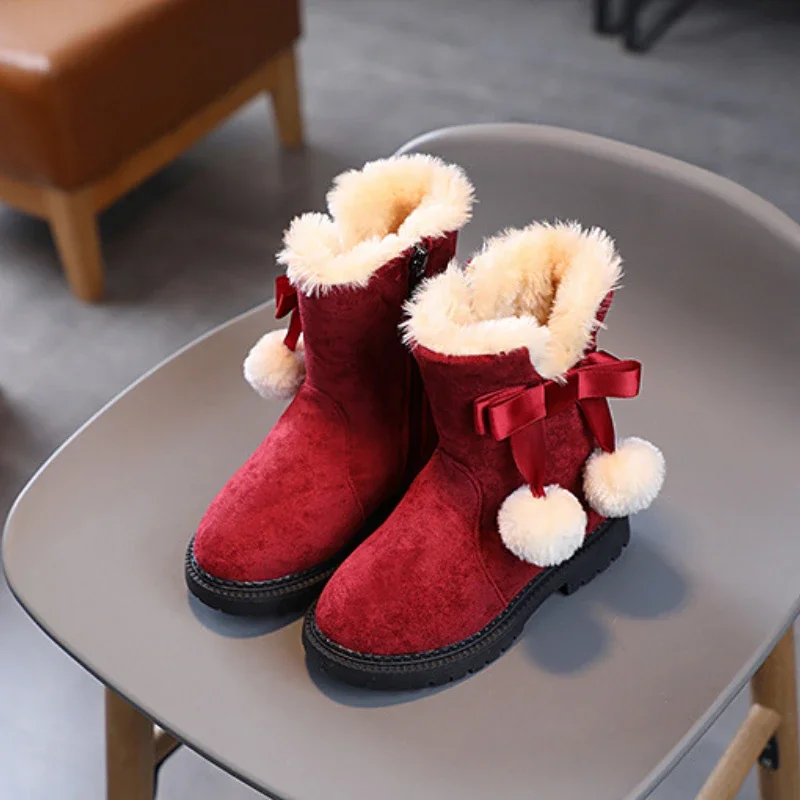 Classic Girl Winter Boots Children Warm Fluffy Cotton Shoes Fashion High Top Kids Snow Boots Sweet Bowknot Princess Versatile