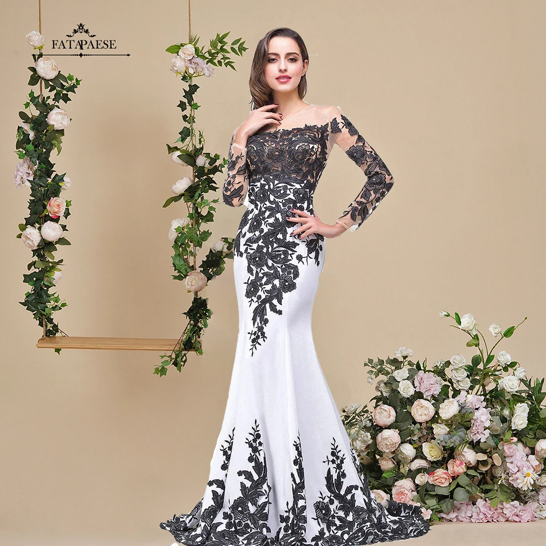 FATAPAESE Robe De Soiree  Long Sleeve Evening Dress 2021 Sexy Cap Sleeve Black Lace Mermaid Prom Dresses Vestido de Festa