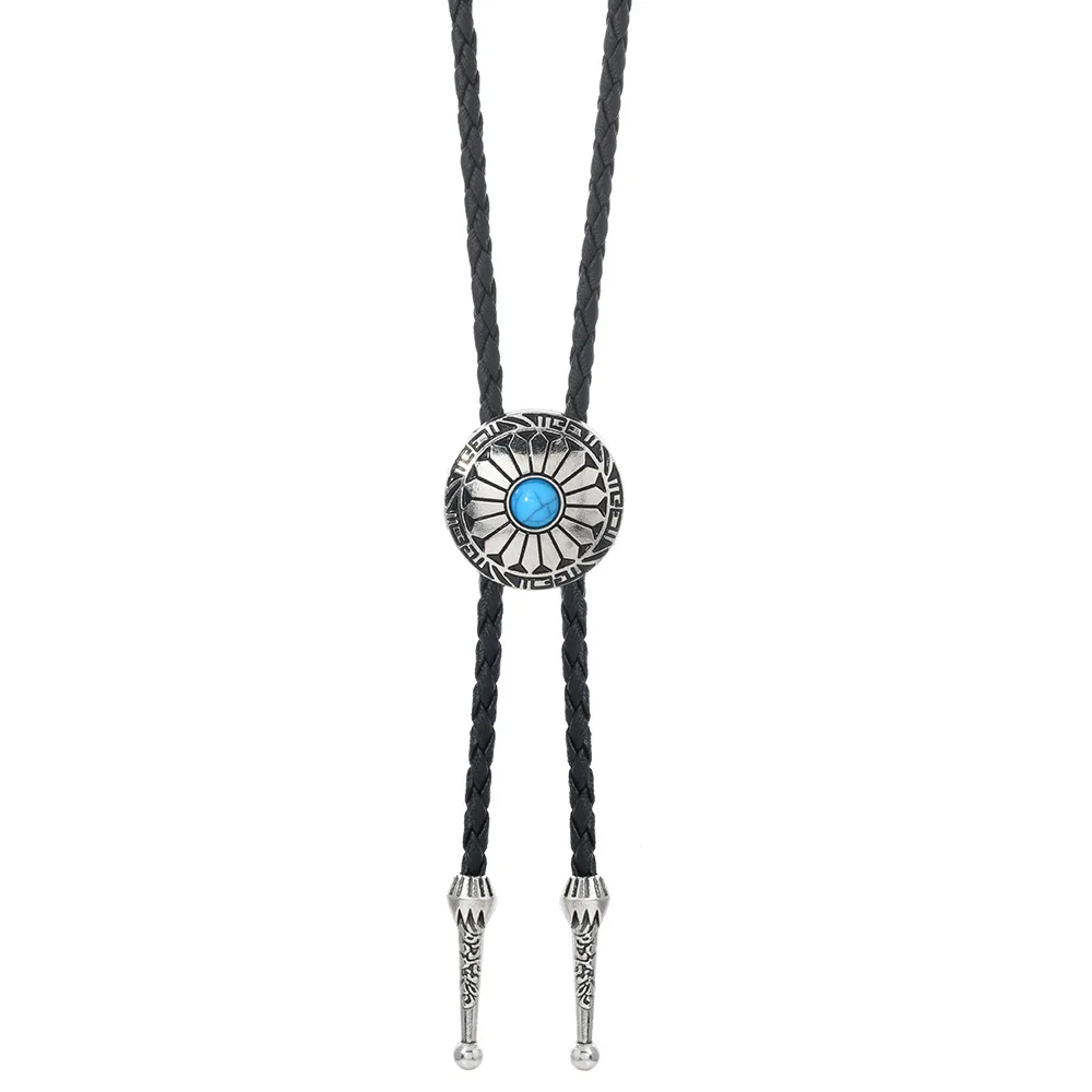 Retro Turquoise Alloy Bolo Tie Long Leather Cowboy BowTie Necktie for Men Women Jewelry Accessories Gifts