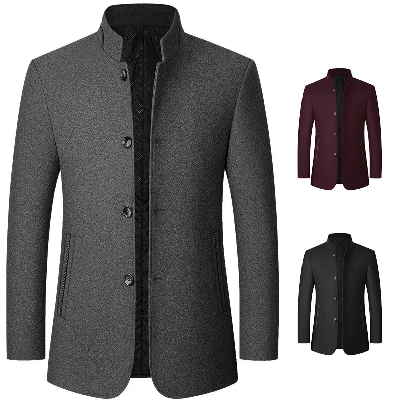 

2023 New Men's Tweed Jacket Fashion Casual Men's Zhongshanzhuang Standing Collar Men's Tweed Jacket