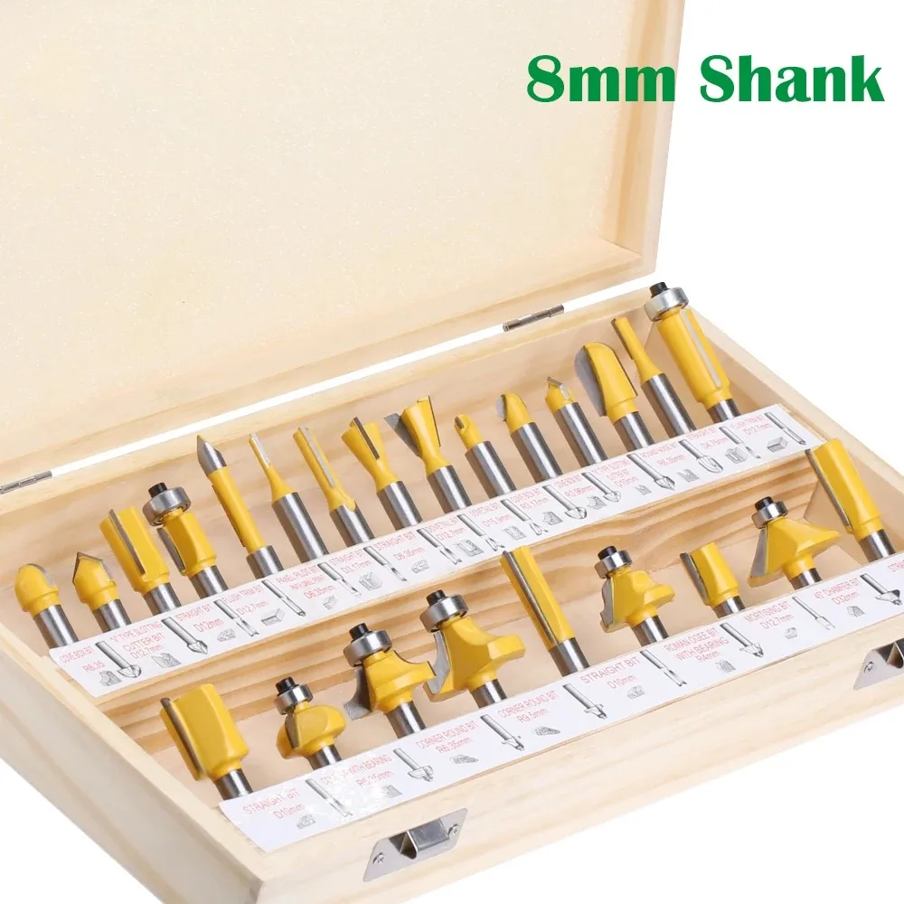 24PCS 8mm Shank DIY Woodworking Router Bits Set Milling Cutter For Wood Flush Straight Chamfer Trimming Engraving Tool MC02012