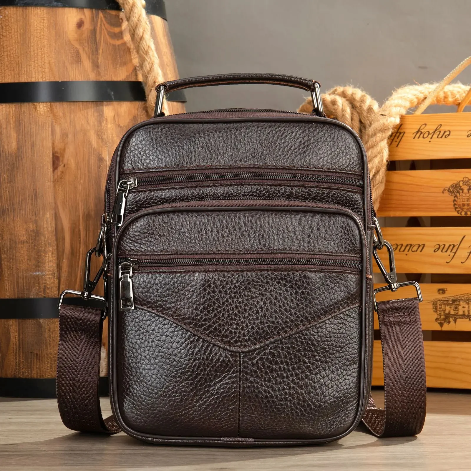 Bolso de mano pequeño de cuero genuino para hombre, bandolera de viaje fácil, bolso de mensajero de calidad Natural, color negro