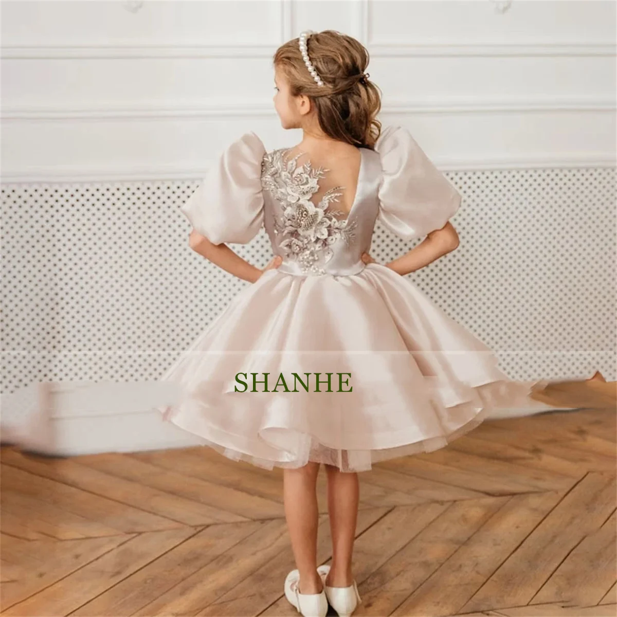 CuteWedding Flower Girl Dresses 2023 First Communion Fluffy Applique Party Dresses Girl Ball Gown Age 2-16 years Sheer Neck Lace